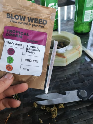Busta Slow Weed Tropical Dream con joint pronto su tavolo