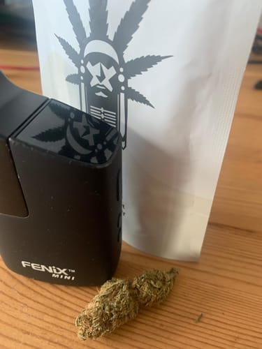 Vaporizzatore Fenix Mini con un bud di canapa CBD e busta Slow Weed